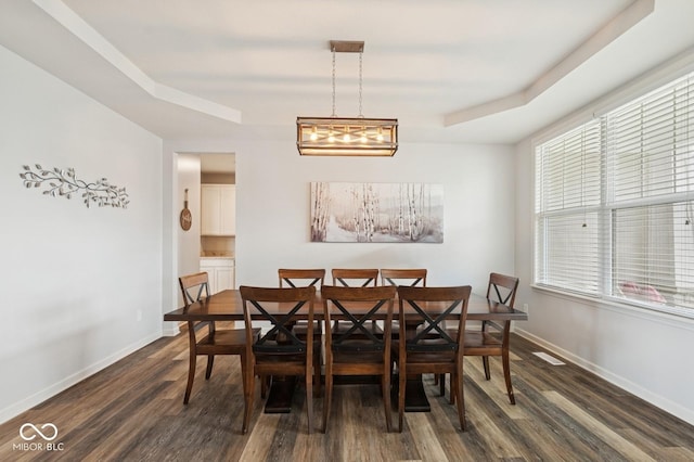 dining room featuring a tray ceiling, a wealth of natural light, baseboards, and dark wood finished floors