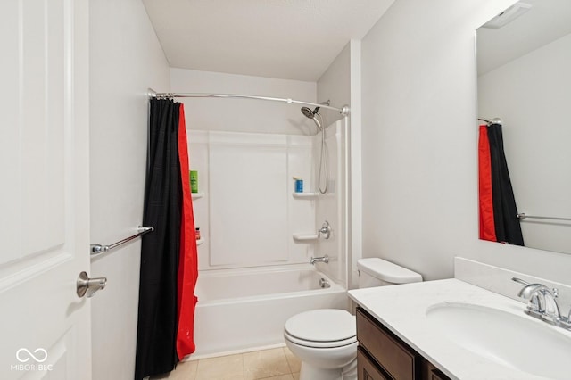 full bathroom with vanity, toilet, shower / bathtub combination, and tile patterned flooring