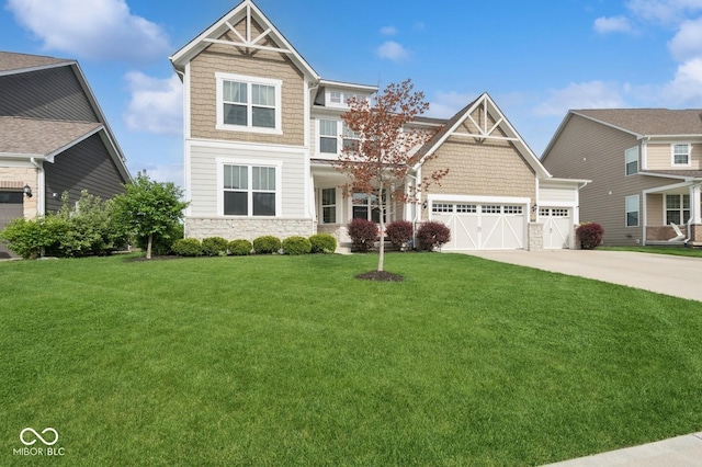 craftsman inspired home featuring stone siding, an attached garage, driveway, and a front yard