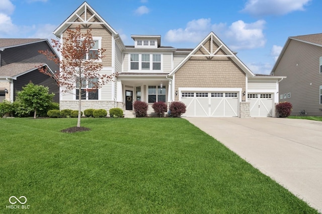 craftsman-style home with an attached garage, a front yard, stone siding, and driveway