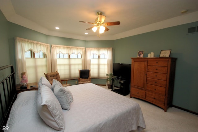 bedroom with light colored carpet, visible vents, recessed lighting, ceiling fan, and baseboards