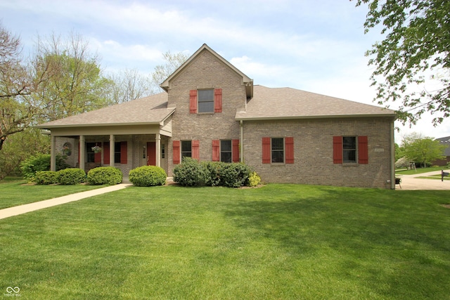 traditional home with roof with shingles, a front lawn, and brick siding