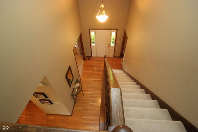 staircase featuring wood finished floors and a high ceiling