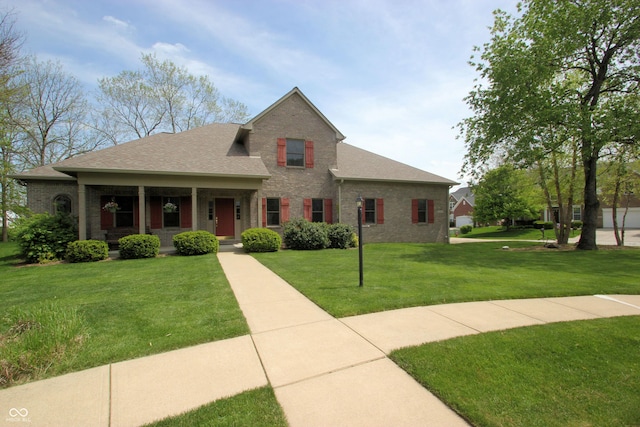 traditional home featuring a front lawn, brick siding, roof with shingles, and covered porch