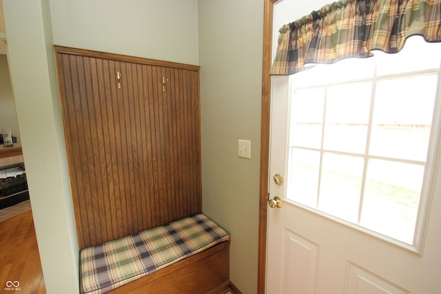 mudroom with wood finished floors