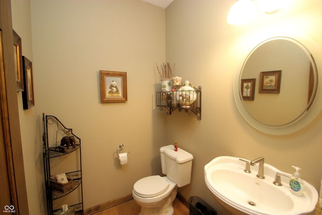 bathroom with a sink, toilet, and wood finished floors