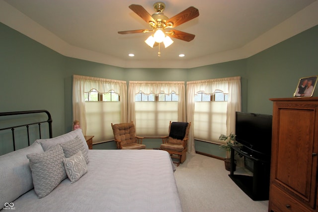 carpeted bedroom featuring a ceiling fan and recessed lighting