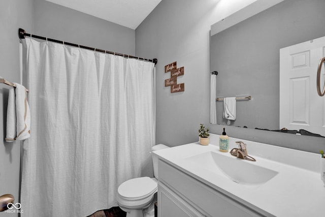 bathroom with vanity, toilet, and a shower with shower curtain