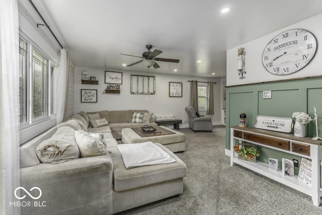 living room with carpet, ceiling fan, and recessed lighting