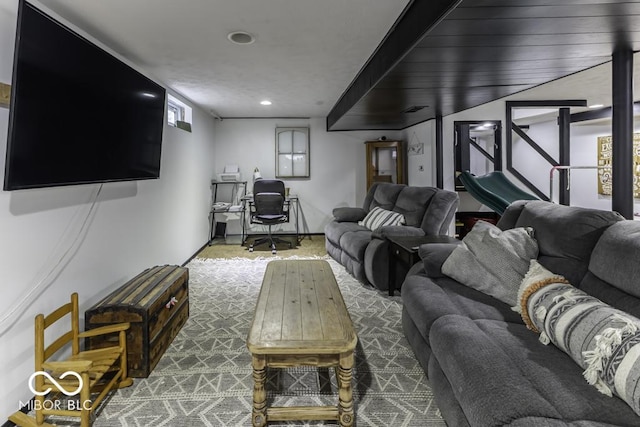 carpeted living room featuring recessed lighting