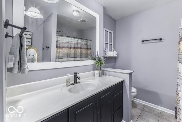 full bathroom with toilet, vanity, visible vents, tile patterned flooring, and a shower with shower curtain