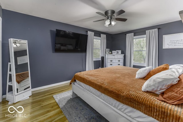 bedroom featuring ceiling fan, wood finished floors, baseboards, and multiple windows