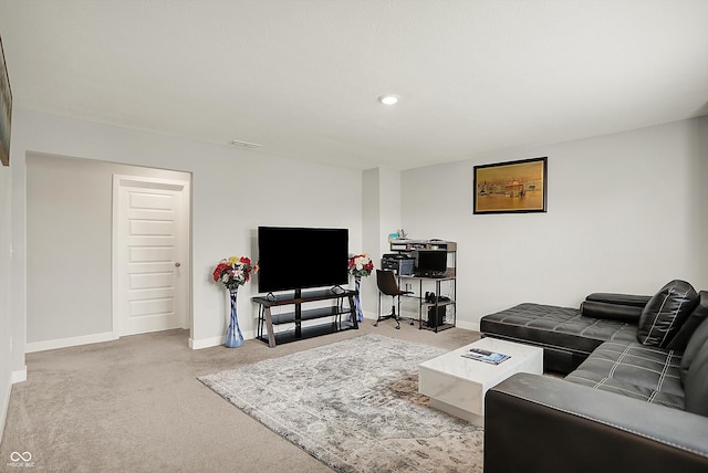 living room with carpet flooring, baseboards, and recessed lighting