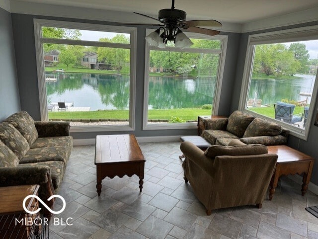 sunroom featuring a water view