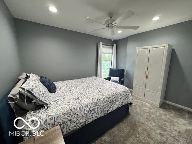 bedroom featuring recessed lighting, carpet flooring, ceiling fan, and baseboards