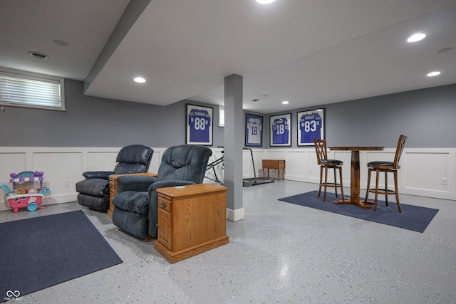 3829 Waycross Dr, Columbus, IN 47203 - rec room featuring a decorative wall, recessed lighting, and wainscoting
