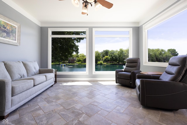 3829 Waycross Dr, Columbus, IN 47203 - living room with a ceiling fan and stone tile floors
