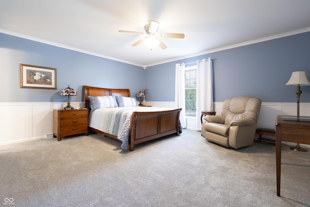 3829 Waycross Dr, Columbus, IN 47203 - carpeted bedroom featuring ornamental molding, a wainscoted wall, ceiling fan, and a decorative wall