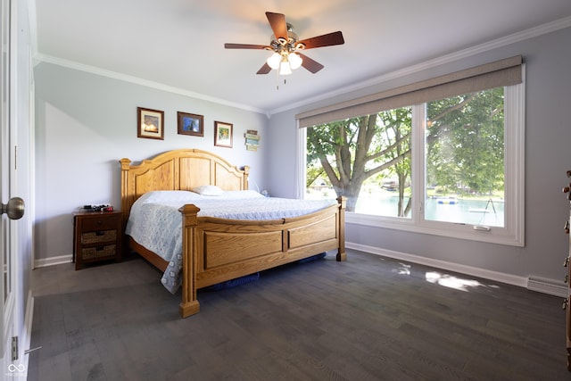 3829 Waycross Dr, Columbus, IN 47203 - bedroom with baseboards, crown molding, dark wood-style flooring, and a ceiling fan