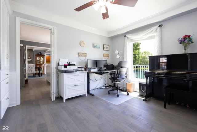 3829 Waycross Dr, Columbus, IN 47203 - office area featuring a ceiling fan, wood-type flooring, and crown molding