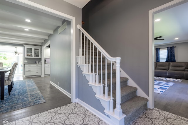3829 Waycross Dr, Columbus, IN 47203 - stairs with a ceiling fan, recessed lighting, wood finished floors, beamed ceiling, and baseboards