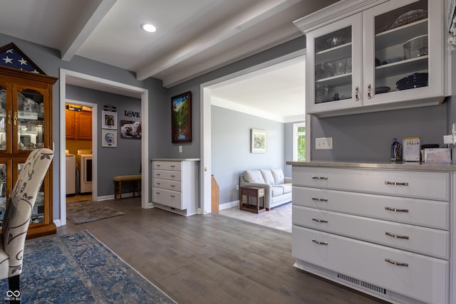 3829 Waycross Dr, Columbus, IN 47203 - interior space featuring washing machine and dryer, beam ceiling, baseboards, dark wood-style flooring, and recessed lighting