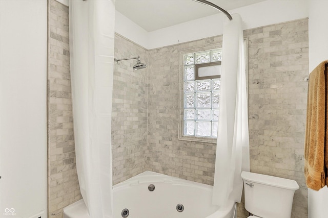full bath featuring a combined bath / shower with jetted tub and toilet
