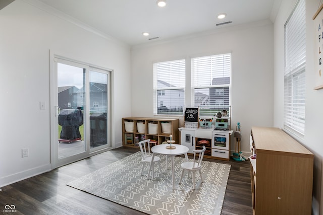 office space with crown molding, a wealth of natural light, and visible vents