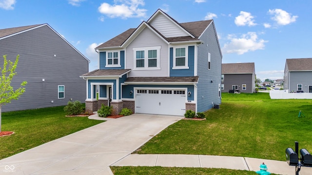 craftsman-style house with an attached garage, brick siding, concrete driveway, a front lawn, and a shingled roof