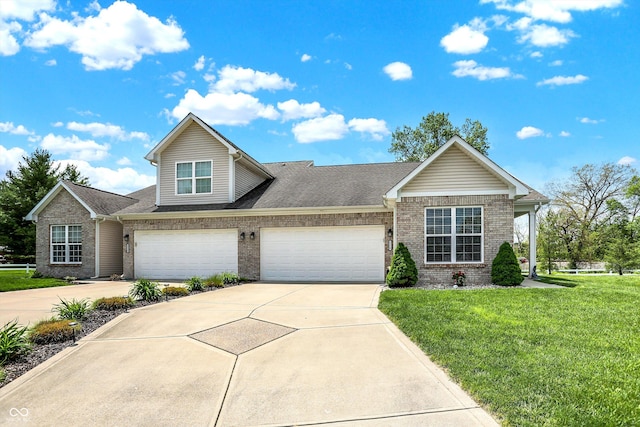 view of front of home featuring concrete driveway, brick siding, a front lawn, an attached garage, and a shingled roof