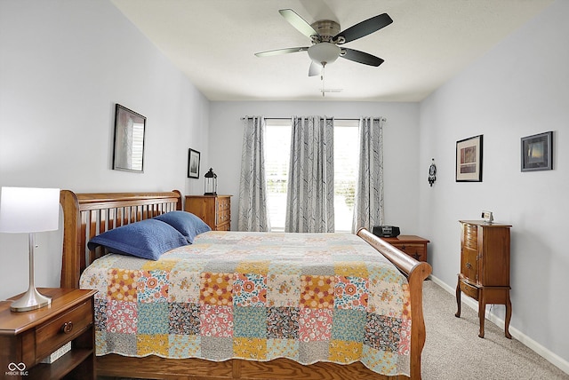 bedroom featuring carpet, baseboards, and ceiling fan