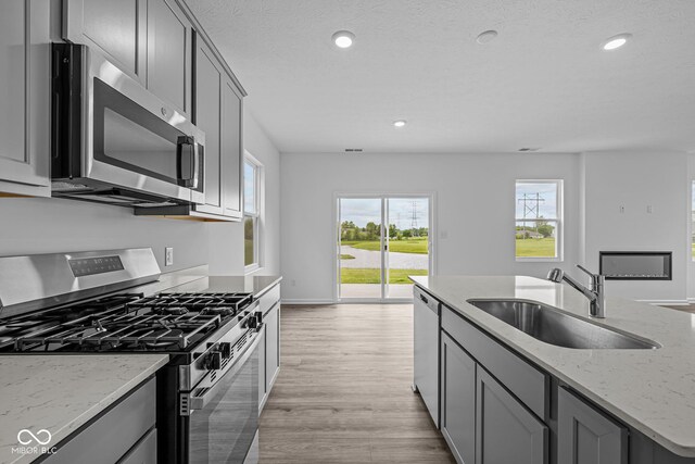 6219 Medina Spirit Dr, Indianapolis, IN 46237 - kitchen with appliances with stainless steel finishes, gray cabinetry, light wood-style flooring, recessed lighting, and light stone counters