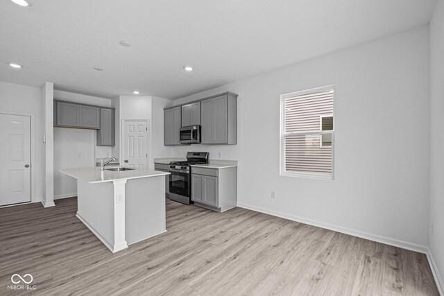 6219 Medina Spirit Dr, Indianapolis, IN 46237 - kitchen with stainless steel appliances, gray cabinets, light wood-style flooring, and recessed lighting