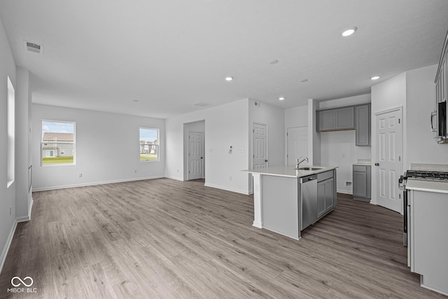 6219 Medina Spirit Dr, Indianapolis, IN 46237 - kitchen with appliances with stainless steel finishes, gray cabinets, recessed lighting, light wood-type flooring, and open floor plan