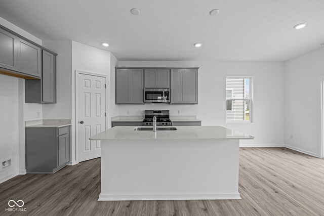 6219 Medina Spirit Dr, Indianapolis, IN 46237 - kitchen with stainless steel appliances, gray cabinetry, wood finished floors, a center island with sink, and light stone countertops