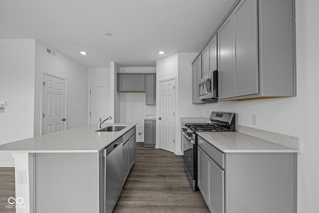 6219 Medina Spirit Dr, Indianapolis, IN 46237 - kitchen with appliances with stainless steel finishes, gray cabinets, dark wood-style flooring, recessed lighting, and a kitchen island with sink