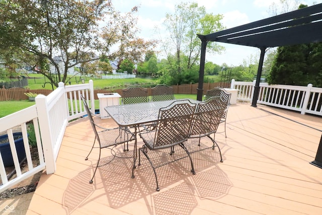 wooden terrace with outdoor dining space and a water view