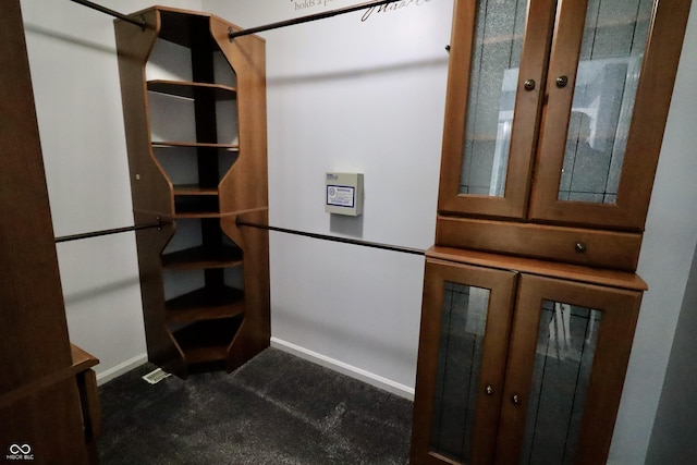 walk in closet with dark carpet and french doors