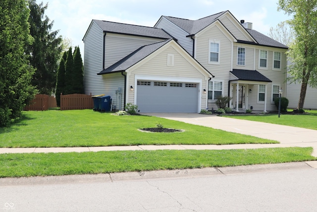view of front of house with concrete driveway, a garage, a chimney, and a shingled roof