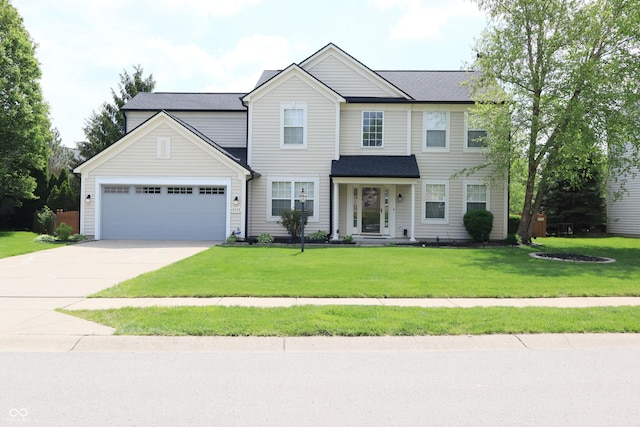 view of front facade with concrete driveway, an attached garage, a front lawn, and a shingled roof