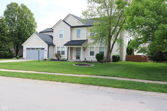 view of front of property featuring a garage, concrete driveway, and roof with shingles