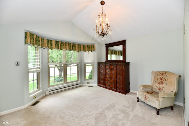10713 Stable Dr, Indianapolis, IN 46239 - sitting room featuring a baseboard heating unit, a chandelier, carpet floors, vaulted ceiling, and baseboards