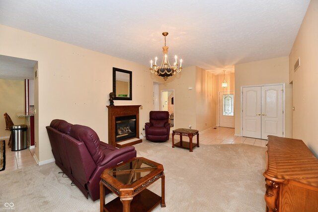 10713 Stable Dr, Indianapolis, IN 46239 - living area featuring light carpet, light tile patterned floors, and a chandelier