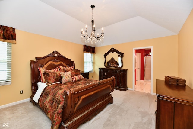 10713 Stable Dr, Indianapolis, IN 46239 - bedroom with light colored carpet, a chandelier, vaulted ceiling, and baseboards