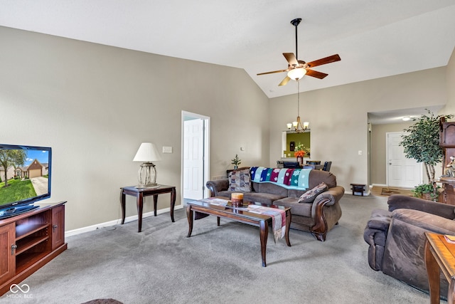living room with carpet floors, a chandelier, a ceiling fan, vaulted ceiling, and baseboards
