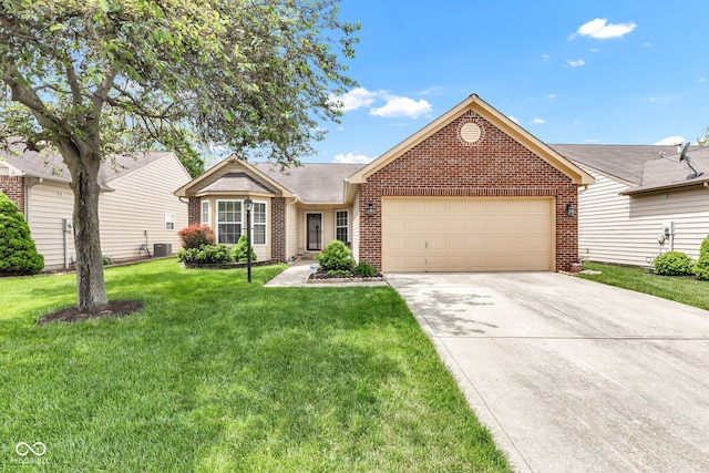 single story home featuring brick siding, a garage, concrete driveway, a front yard, and central air condition unit