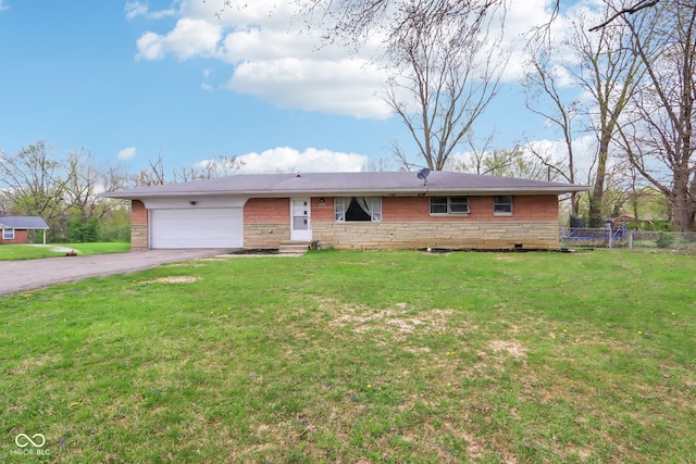 ranch-style home with driveway, fence, a garage, stone siding, and a front lawn