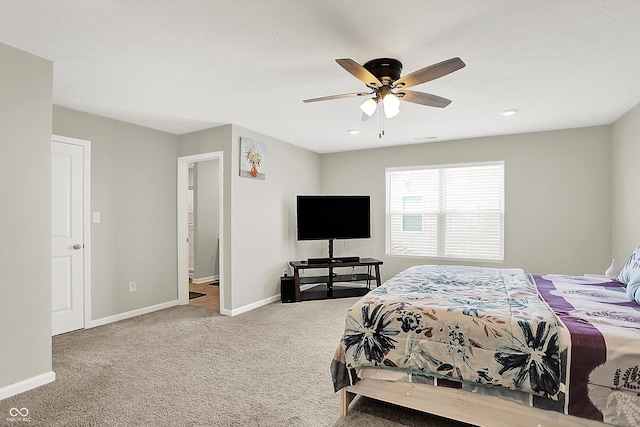 bedroom with ceiling fan, carpet floors, baseboards, and recessed lighting