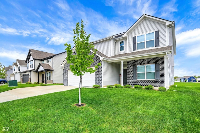 traditional home with concrete driveway, a residential view, a front lawn, and an attached garage