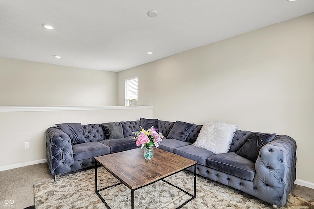 living area with baseboards, carpet flooring, and recessed lighting